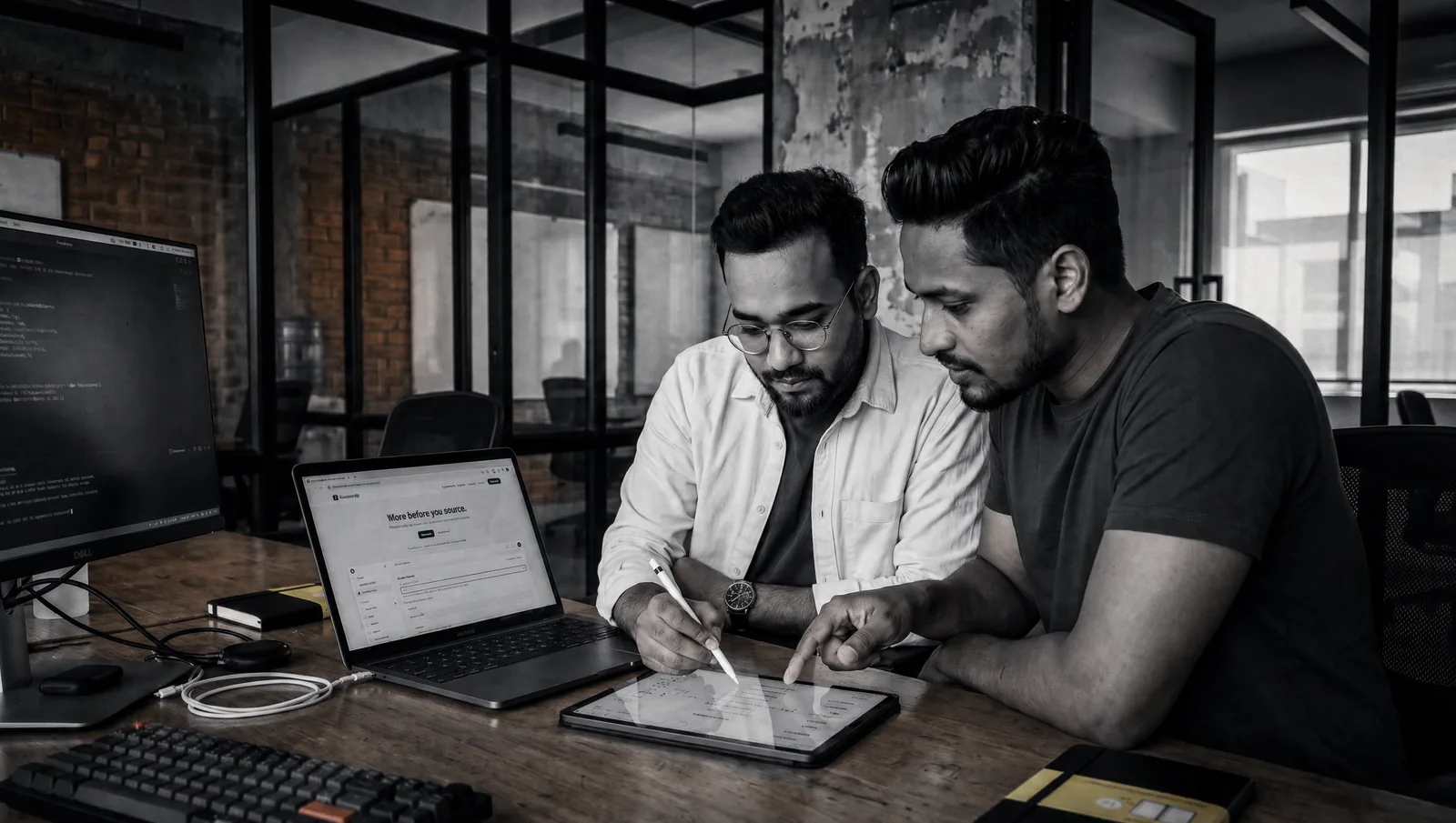 Two RR Dynamics team members working through notes together at a desk, in the studio's black-and-white grade.