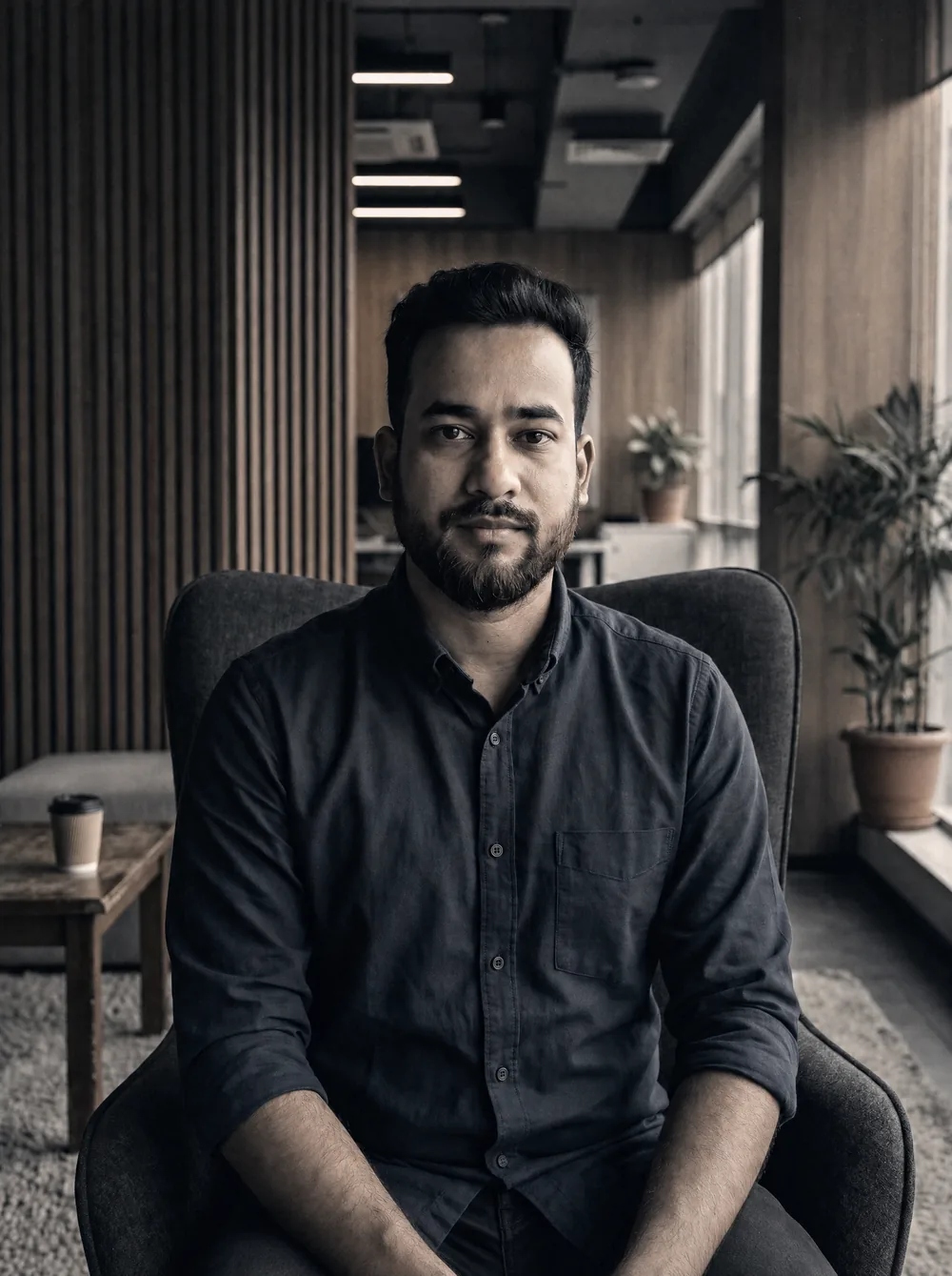 Rezan, co-founder of RR Dynamics, seated in a dark shirt against a black-and-white graded office backdrop.