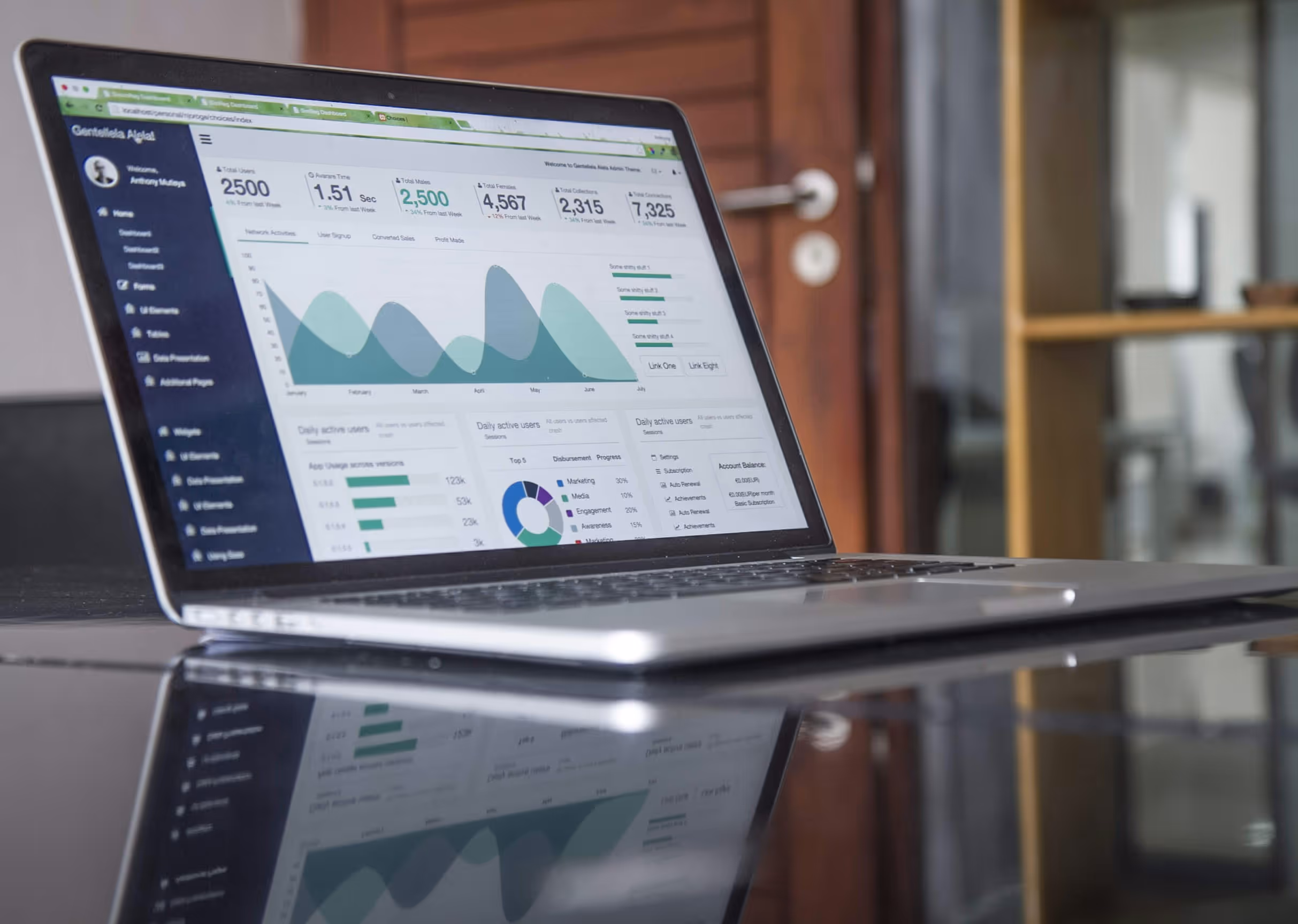 Open laptop on reflective table displaying a dashboard with graphs and user statistics.